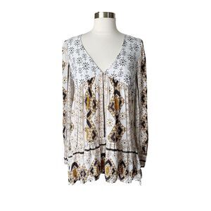 Free People Tunic Top XS Down By The Bay Geo Paisley Ivory Combo Boho 60s 70s